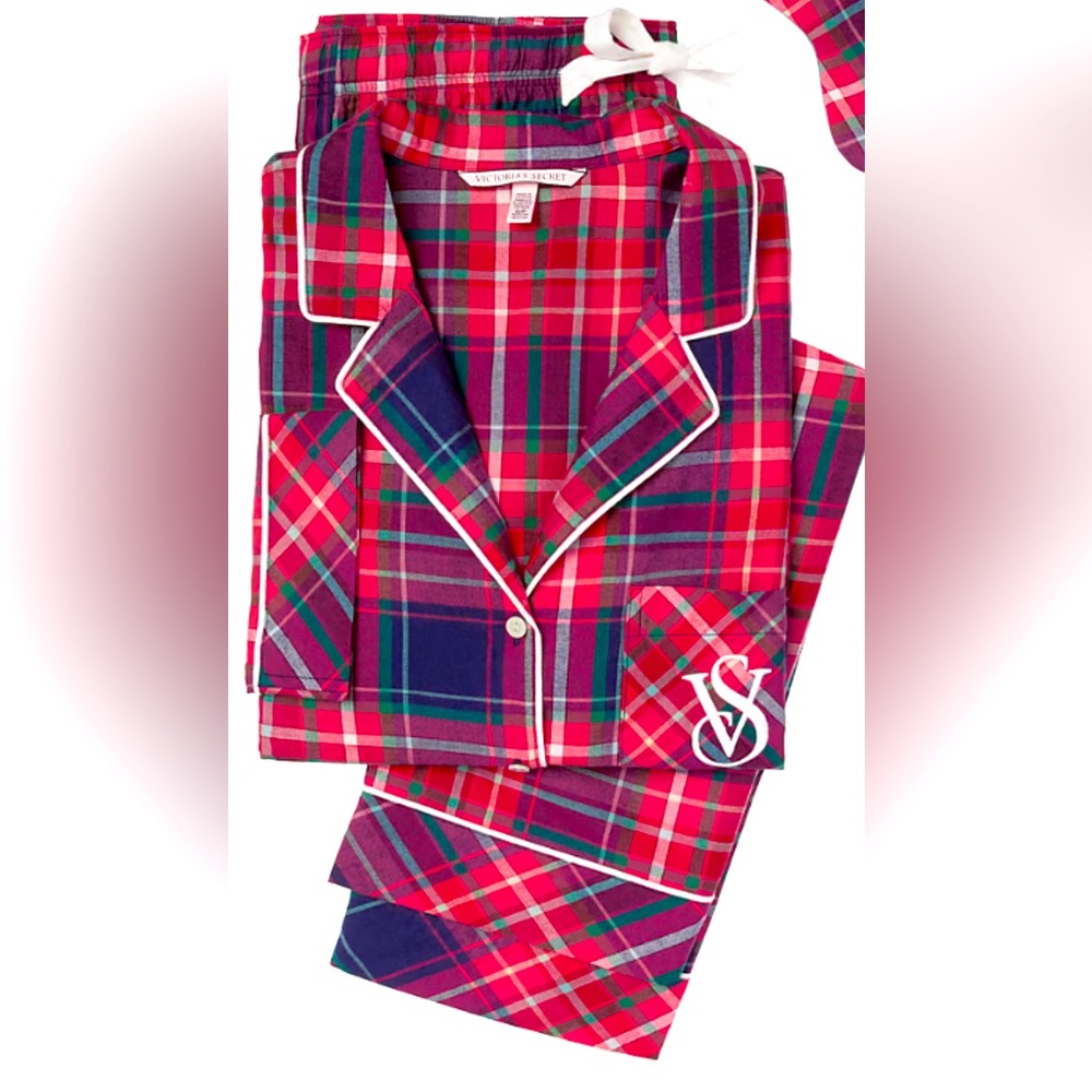 Victoria's Secret Plaid  Pajama Set M Red/Navy Lounge Cotton Blend Vintage